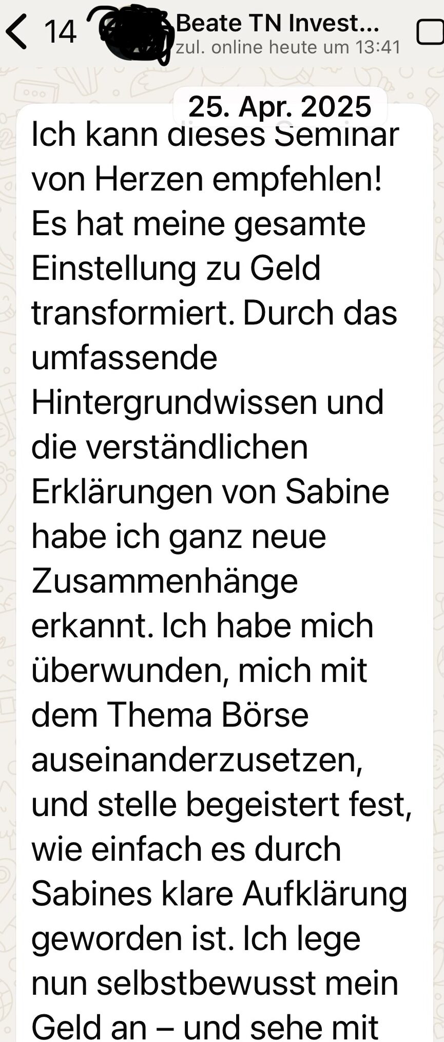 Beate M. WhatsApp Kundenstimme zum Programm Investieren statt Funktionieren
